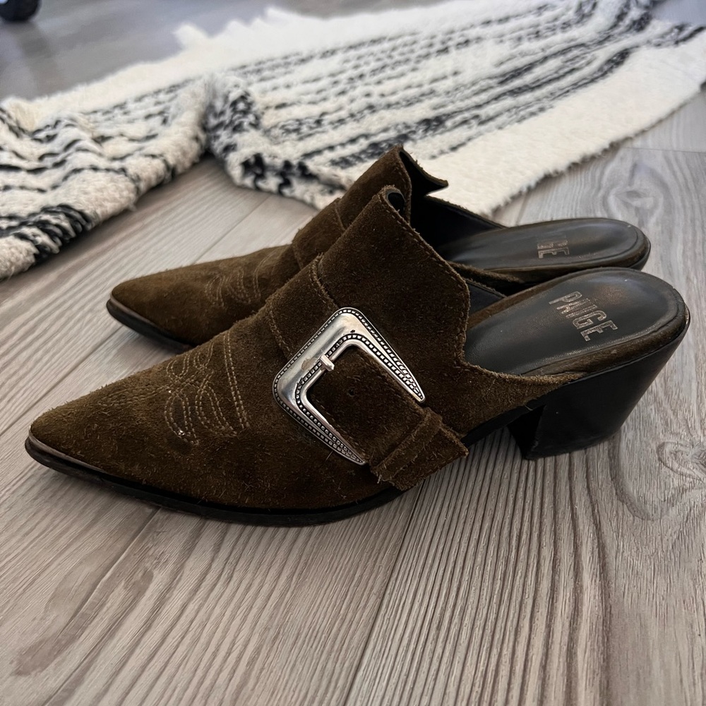 Paige!! Kensington Olive Slide Mules Suede Booties Western style Size 7!!